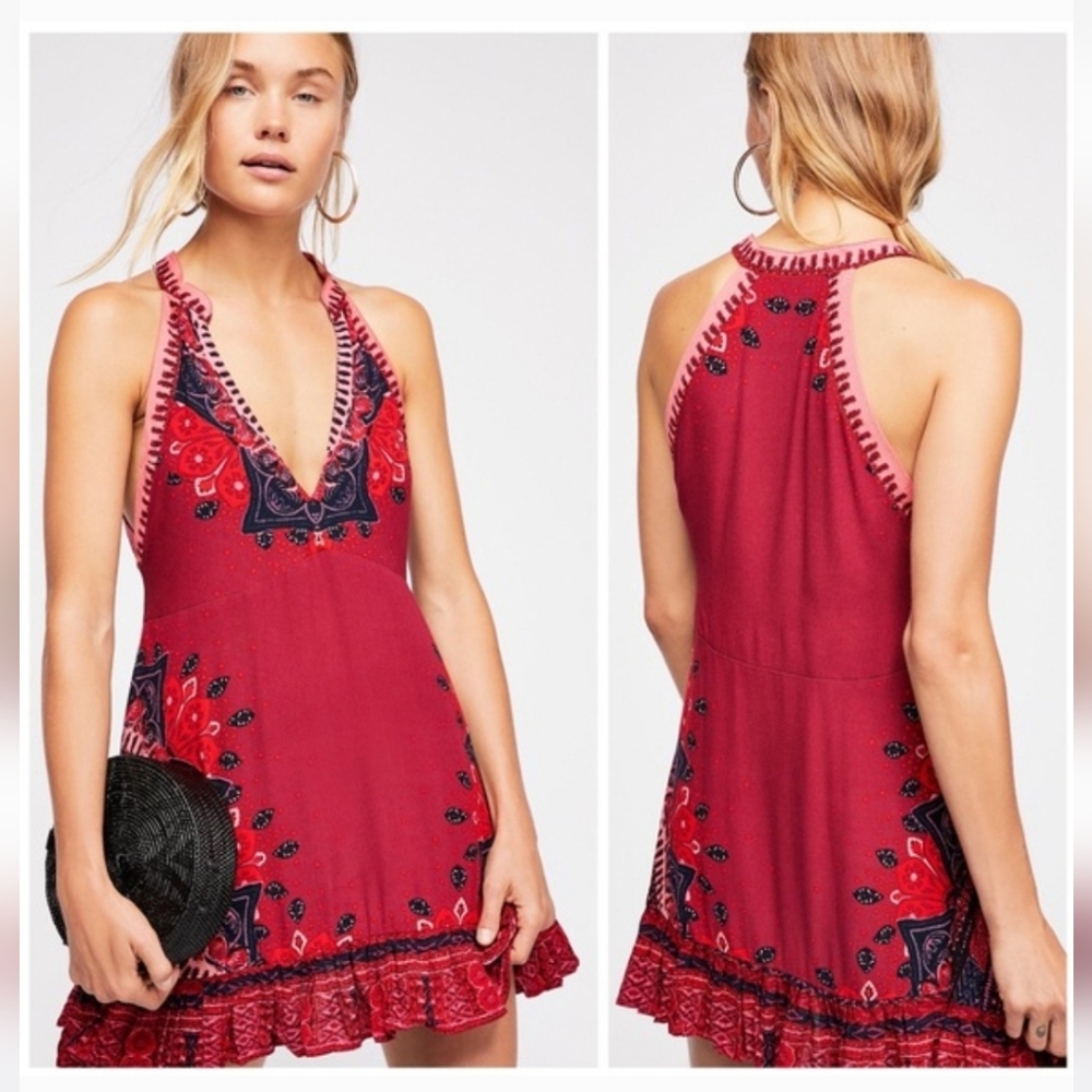 Free People Steal The Sun Halter Mini Dress Ruffle Hem Cutout Swingy Red Md NWT